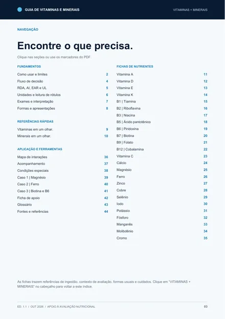 Índice do guia com links para os nutrientes e capítulos